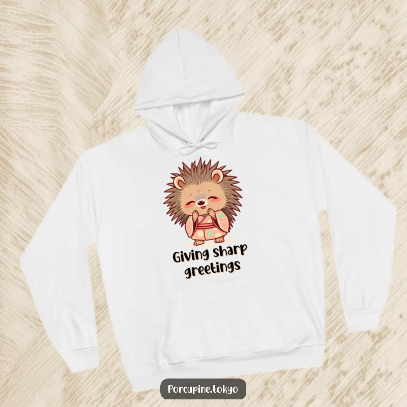 Funny Hoodie: A porcupine dressed in a patterned kimono, bowing politely with a charming smile, for cozy and funny wear.