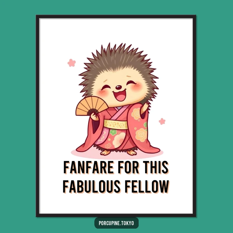 Funny Free Printable Wall Art: Joyful Porcupine Kimono Fan Downloadable Decor