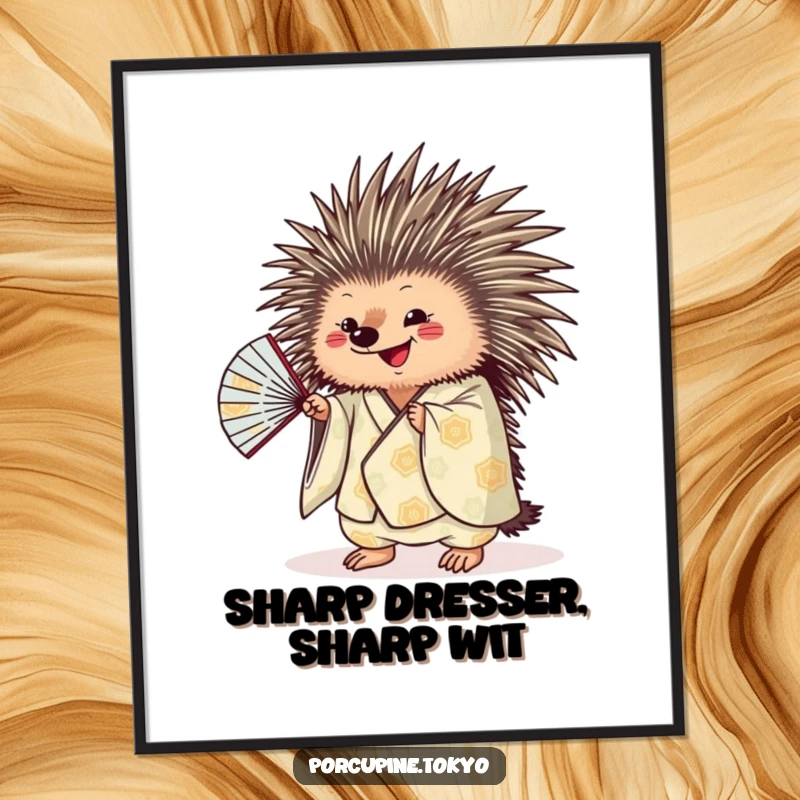 Funny Free Printable Wall Art: A porcupine in a patterned kimono playfully shaking a fan, adding charm.