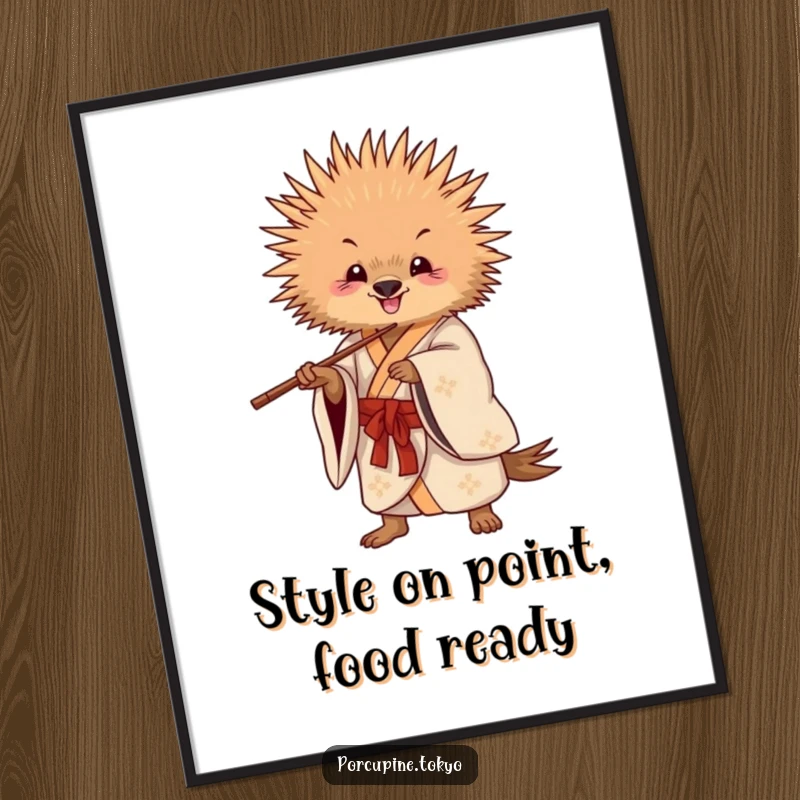 Funny Free Printable Wall Art featuring a porcupine in a flowing kimono striking a playful pose with chopsticks.
