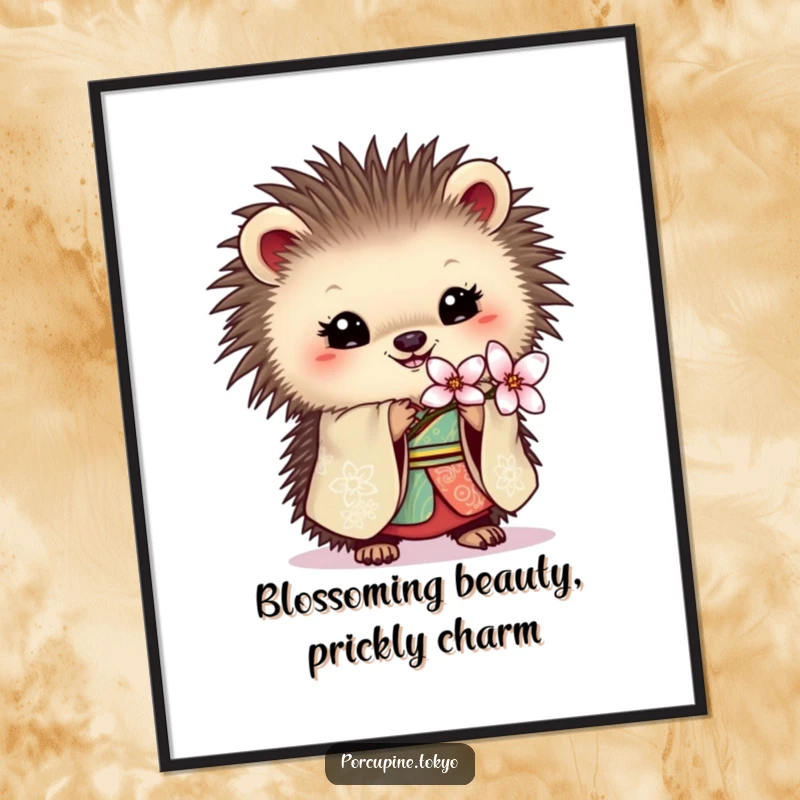 Funny Free Printable Wall Art: Porcupine in ornate kimono holding a delicate blossom, humorous downloadable decor for a calm space.