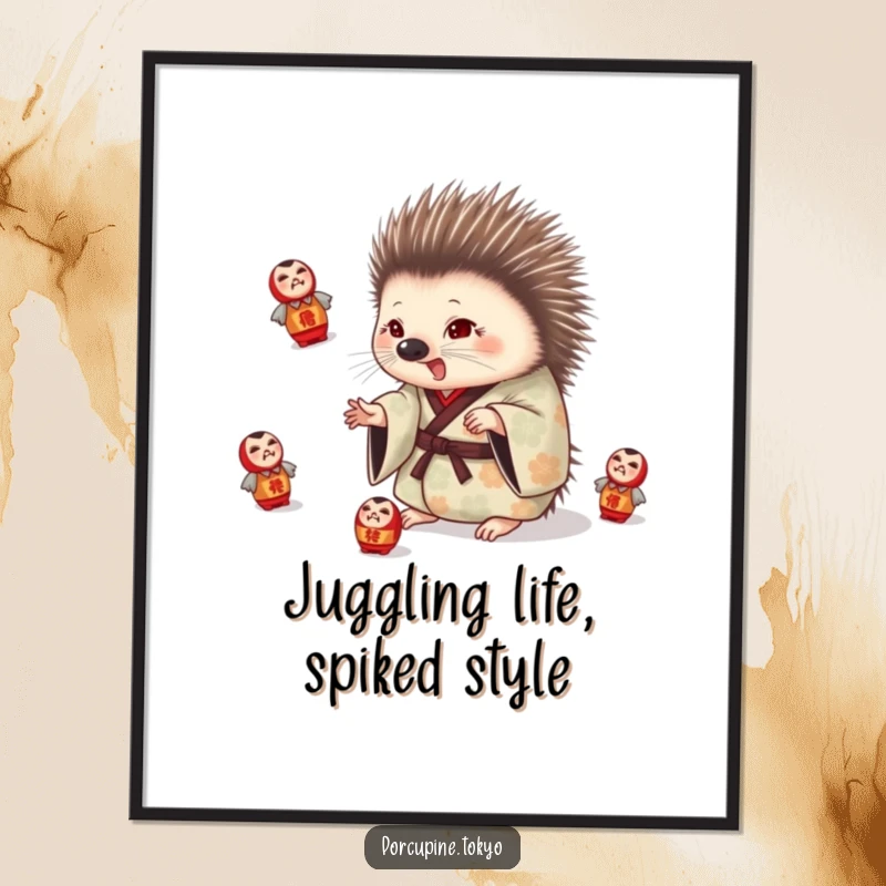 Funny Free Printable Wall Art: Porcupine in patterned kimono playfully juggling daruma dolls, humorous downloadable decor for a fun room.