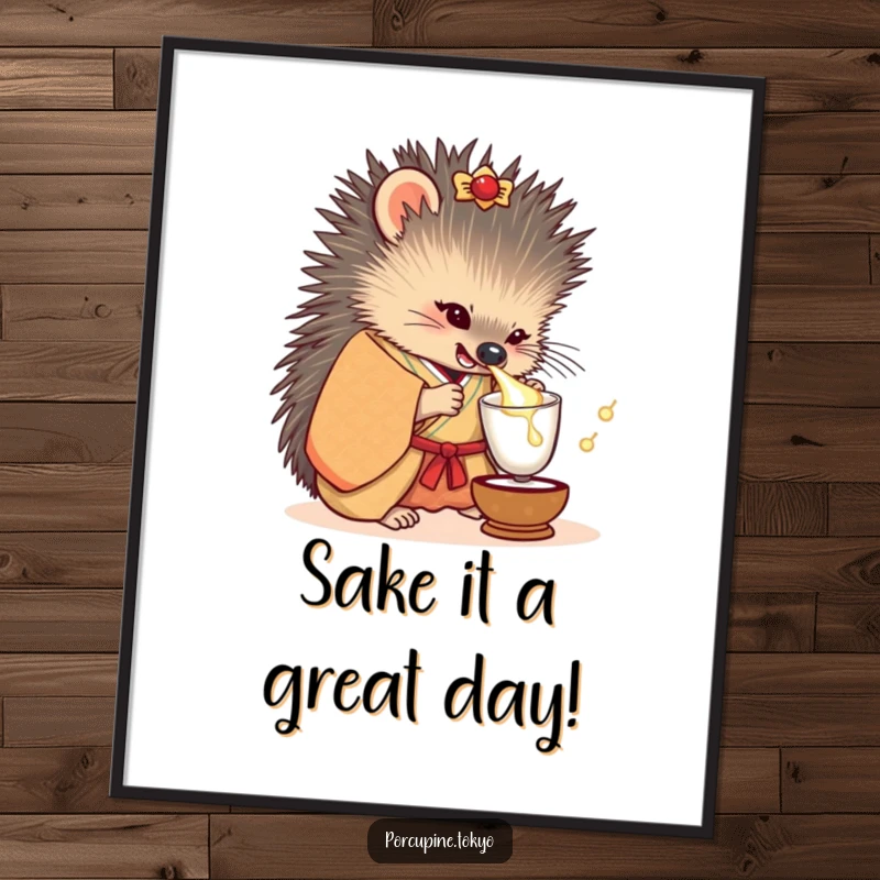 Funny Free Printable Wall Art: A porcupine in a detailed kimono playfully offers a small sake cup, a humorous decoration.