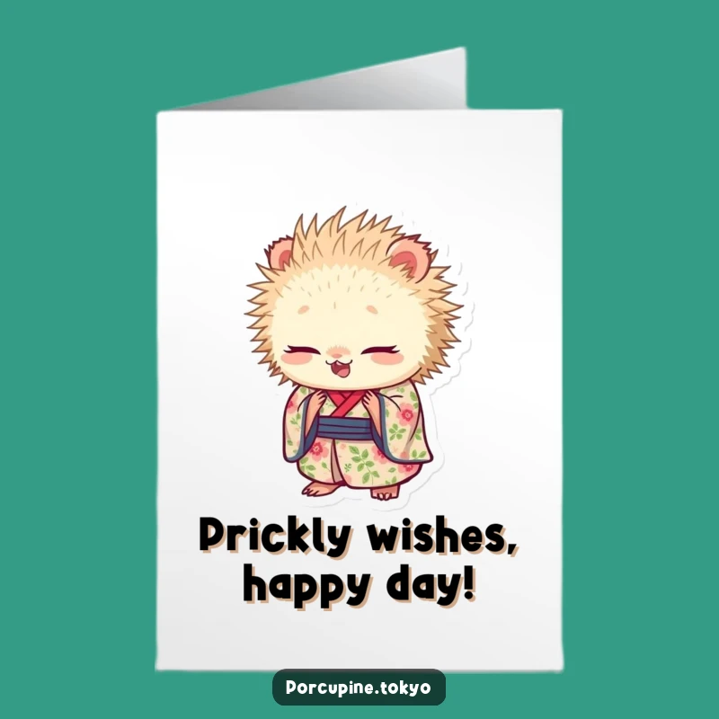 Free Printable Birthday Card: Funny Porcupine Bowing Kimono Downloadable Gift