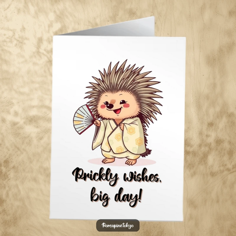 Funny Free Printable Birthday Card: A porcupine in a patterned kimono playfully shaking a fan, wishing happy birthday.
