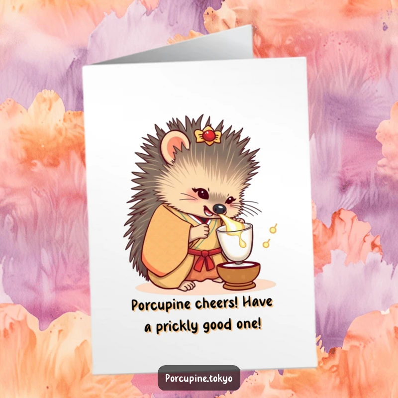 Funny Free Printable Birthday Card featuring a porcupine in a kimono tipping a sake cup with a playful grin.