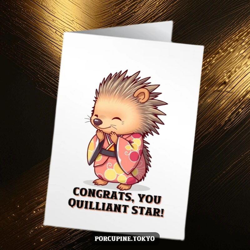 Funny Free Printable Congratulations Card featuring a porcupine in a brightly colored kimono, bowing with elegant grace.