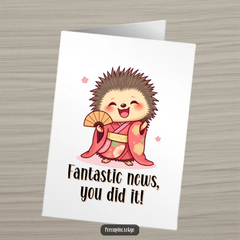 Funny Free Printable Congratulations Card: Porcupine in vibrant kimono holding a fan, a humorous downloadable greeting for achievements.