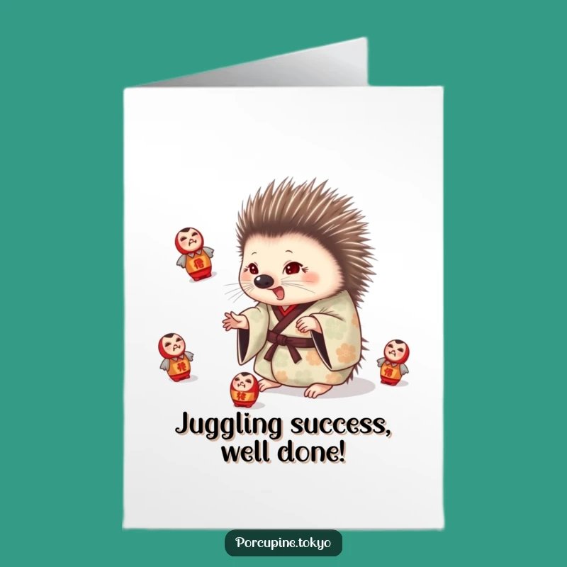 Free Printable Congrats Card: Porcupine Juggling Darumas Downloadable Gift