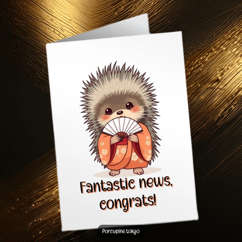 Funny Free Printable Congratulations Card with a porcupine in a beautiful kimono holding a delicate fan closed.