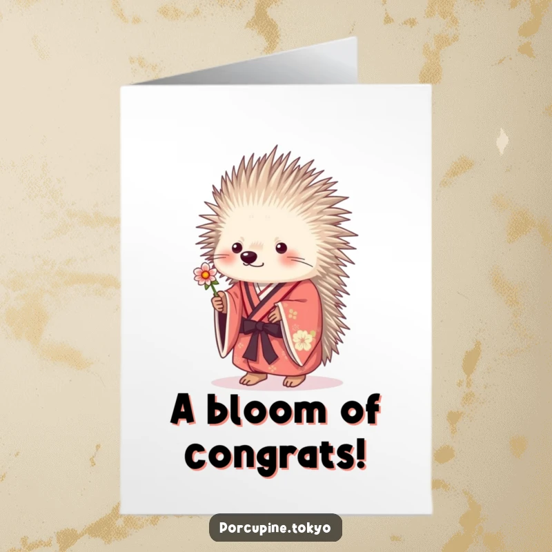 Funny Free Printable Congratulations Card: A porcupine in a kimono offers a flower, celebrating good news.