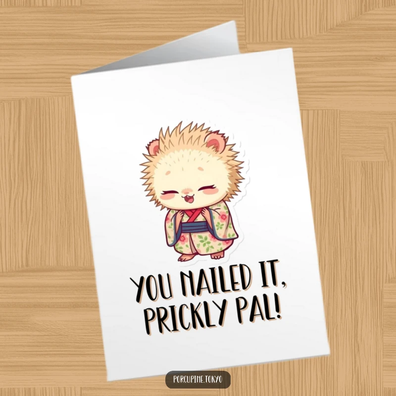 Funny Free Printable Congratulations Card: Porcupine in floral kimono bowing, a humorous downloadable greeting for any occasion.