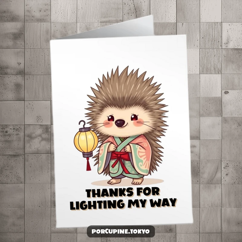 Funny Free Printable Thank You Card of a porcupine in an elegant kimono, holding a delicate paper lantern.