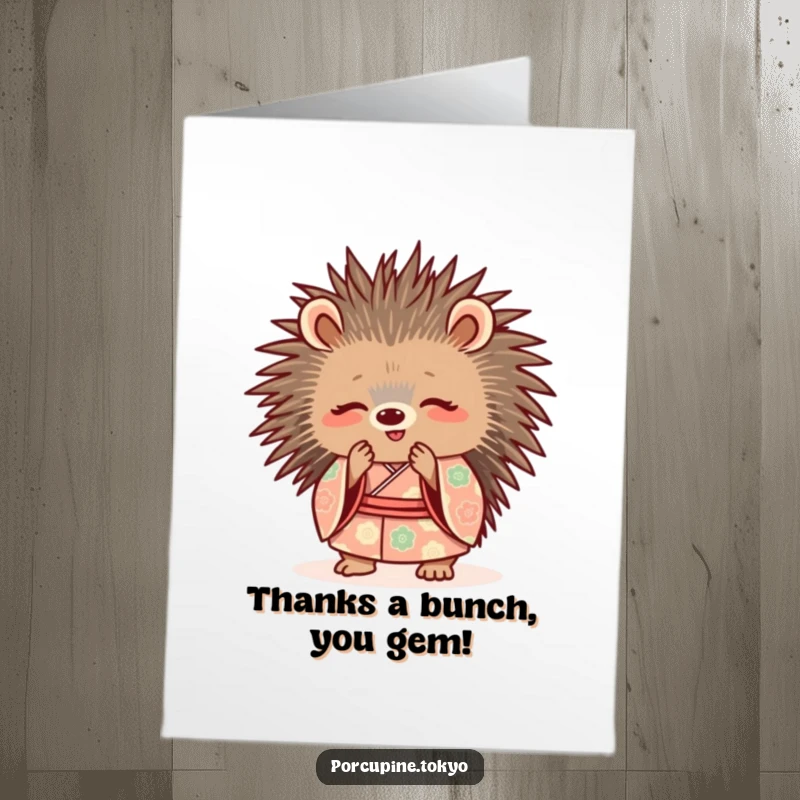 Funny Free Printable Thank You Card featuring a cute porcupine in a patterned kimono, bowing politely with a smile.
