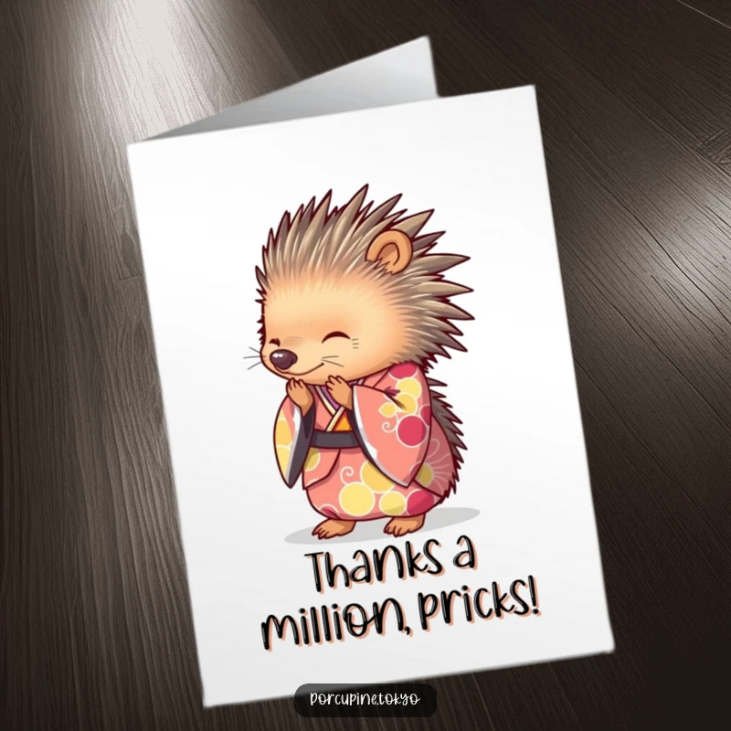 Funny Free Printable Thank You Card of a porcupine wearing a colorful kimono and bowing gracefully.