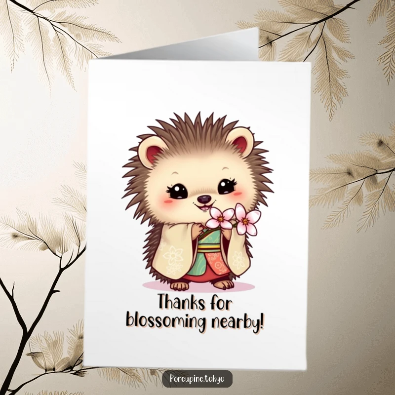 Funny Free Printable Thank You Card: Porcupine in ornate kimono holding a blossom, humorous downloadable expression of thanks.