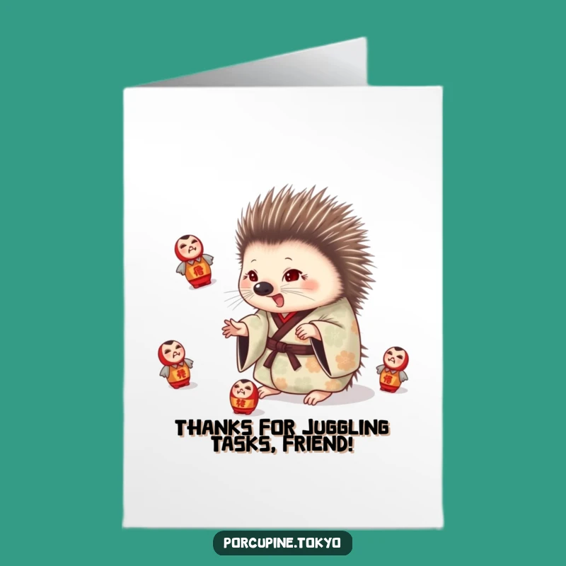 Free Printable Thank You Card: Porcupine Juggling Darumas Downloadable Gift