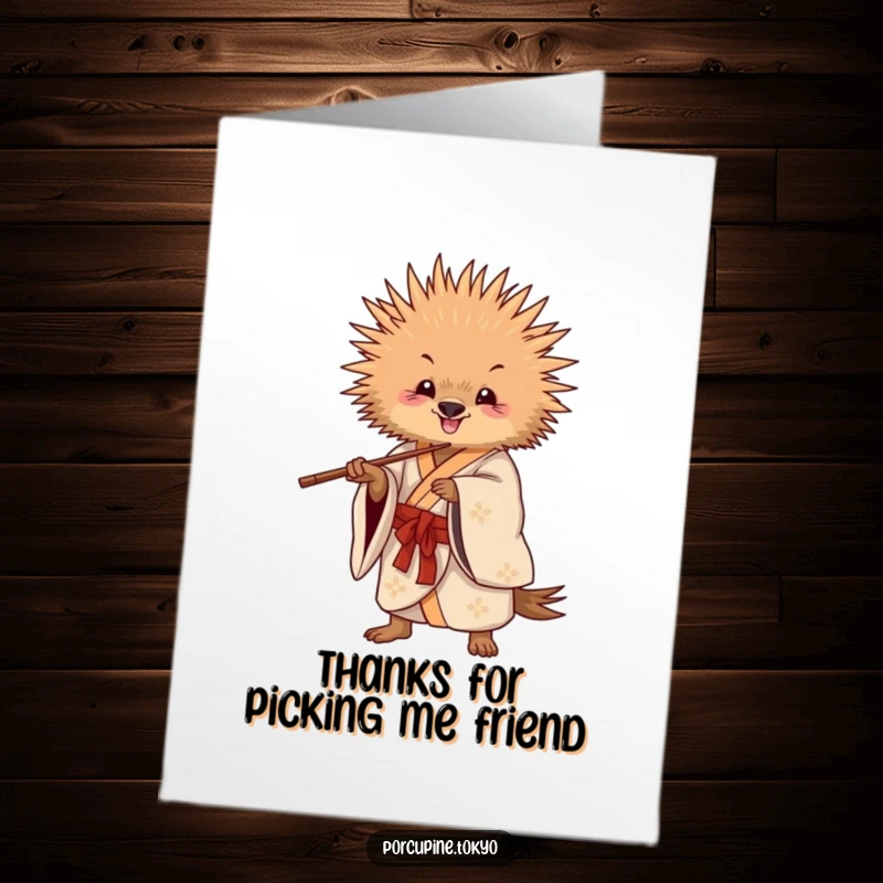 Funny Free Printable Thank You Card of a porcupine in a flowing kimono playfully posing with chopsticks.