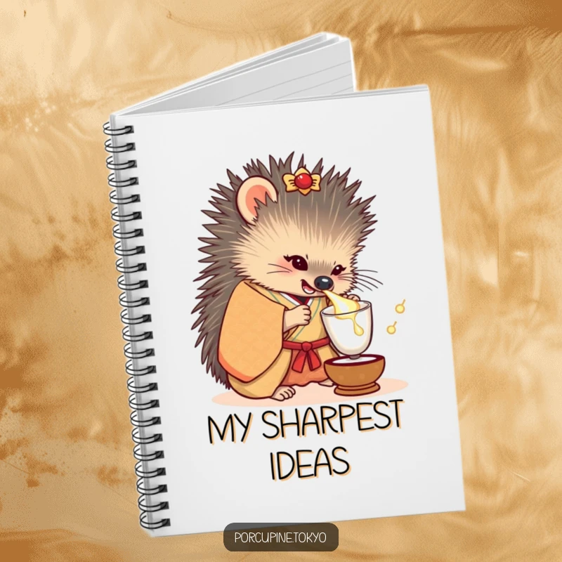 Funny notebook cover featuring a porcupine in an ornate kimono, playfully tipping a tiny sake cup for inspiration.