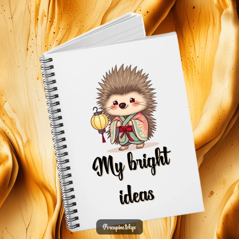 Funny Notebook with a porcupine in an elegant kimono holding a delicate paper lantern, perfect for humorous note-taking and elegant reflections.