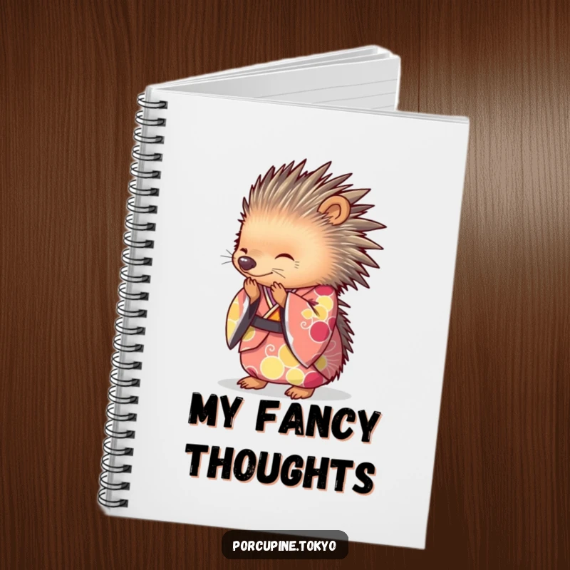 Funny Notebook with a porcupine in a brightly colored kimono, bowing gracefully, perfect for humorous note-taking and elegant reflections.