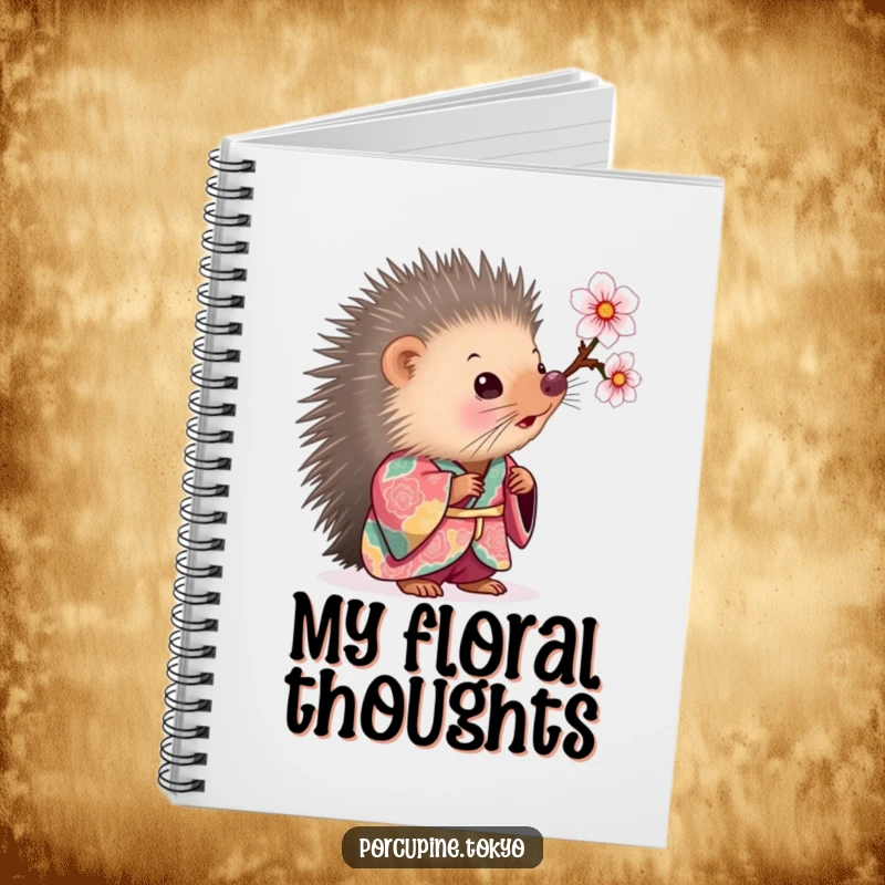 Funny Notebook: A porcupine in a colorful kimono looking curiously at a cherry blossom, perfect for funny notes and sketches.