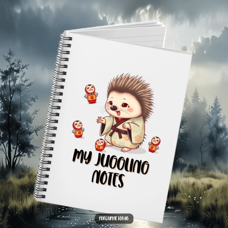 Funny notebook featuring a porcupine in a patterned kimono playfully juggling daruma dolls, ideal for creative minds.