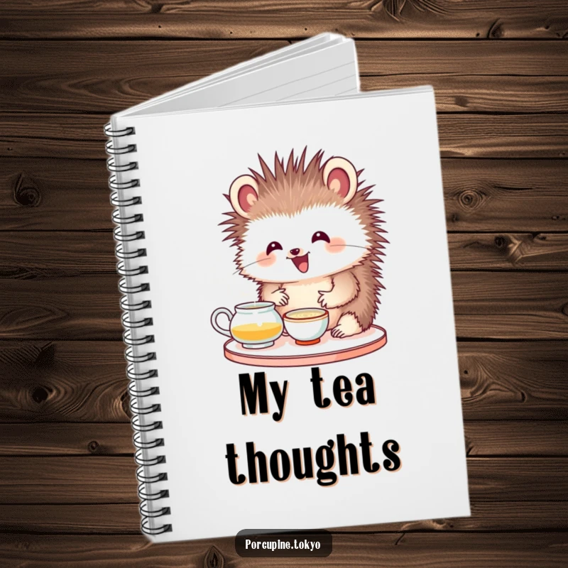 Funny notebook depicting a porcupine with a delighted expression attempting a tea ceremony, ideal for calm note-taking.
