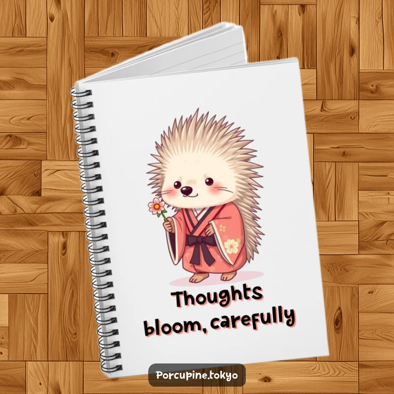 Funny porcupine in a traditional kimono offering a flower, a charming and humorous notebook.