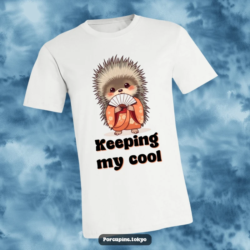 Funny T-Shirt: A porcupine adorned in a beautiful kimono, holding a delicate fan closed, for a funny, chic look.
