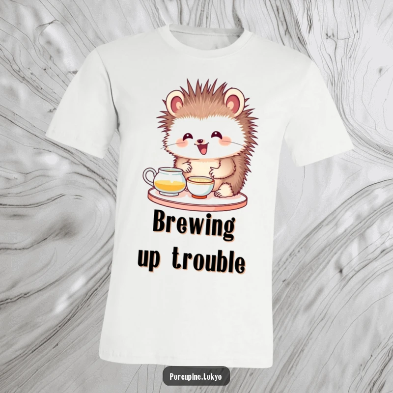 Funny t-shirt depicting a porcupine with a delighted expression, focused on a tea ceremony, a humorous and tranquil design.
