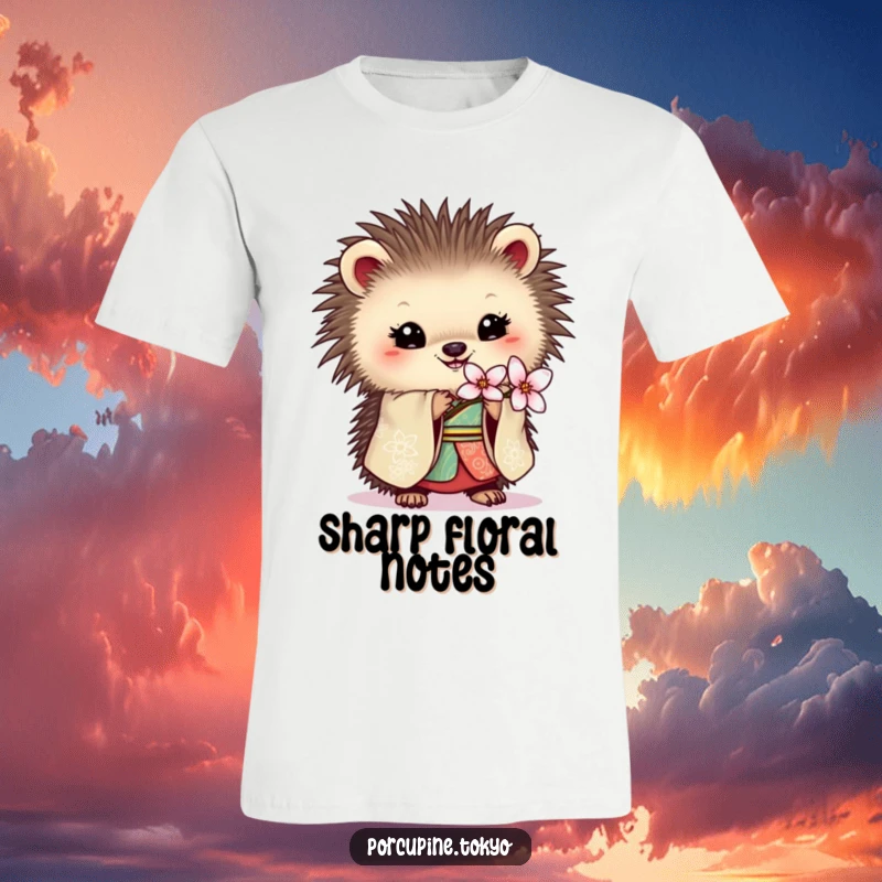 Funny t-shirt depicting a porcupine in an ornate kimono holding a delicate blossom, a blend of elegance and humor.