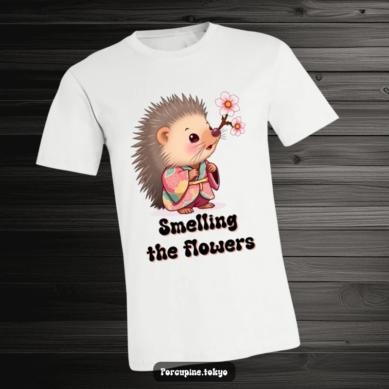 Funny T-Shirt: A porcupine in a colorful kimono looking with curiosity at a delicate cherry blossom, showcasing funny enchantment.