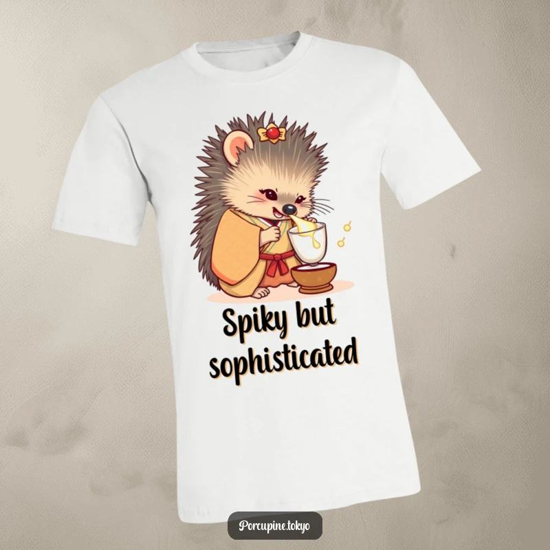 Funny t-shirt design showing a porcupine in an ornate kimono, joyfully tipping a small sake cup with a smile.