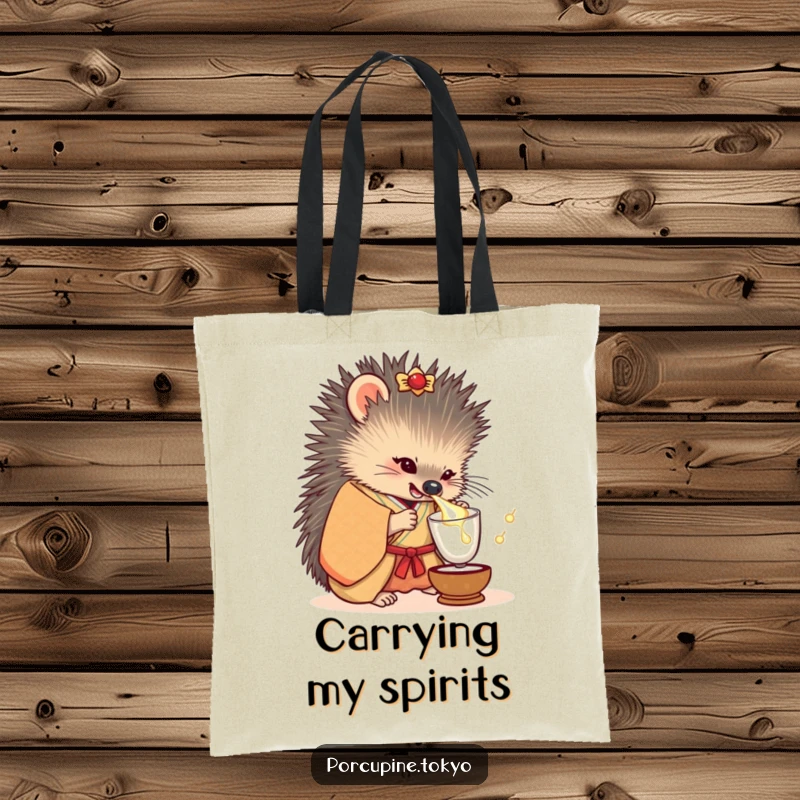 Funny tote bag with a detailed illustration of a porcupine in a fancy kimono tipping a small sake cup.