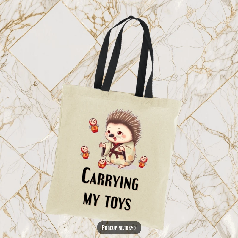 Funny tote bag with a porcupine in a patterned kimono playfully juggling daruma dolls, a humorous and practical accessory.