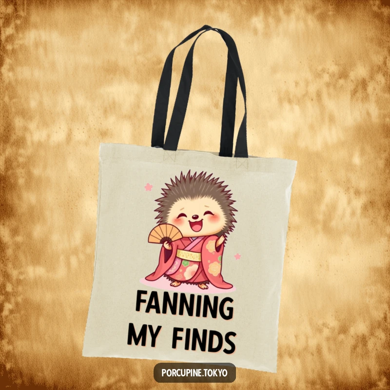 Funny tote bag with a porcupine in a vibrant kimono, joyfully holding a fan, practical and humorous for daily use.
