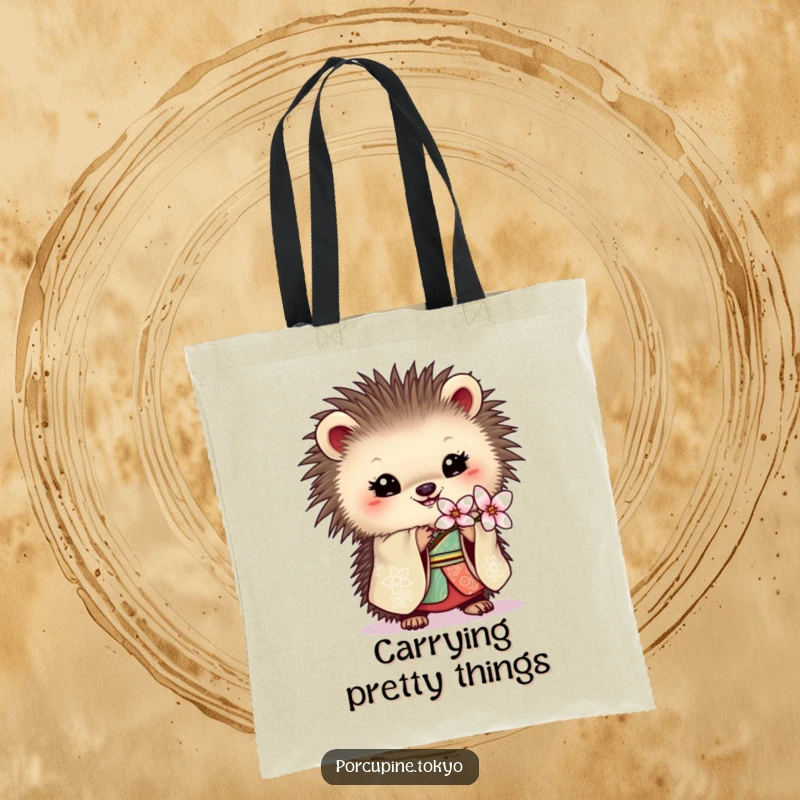 Funny tote bag with a porcupine in an ornate kimono holding a delicate blossom, a humorous and elegant accessory.