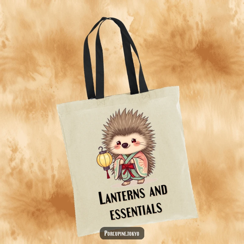 Funny Tote Bag featuring a porcupine in an elegant kimono holding a delicate paper lantern, ideal for stylish and humorous everyday use.