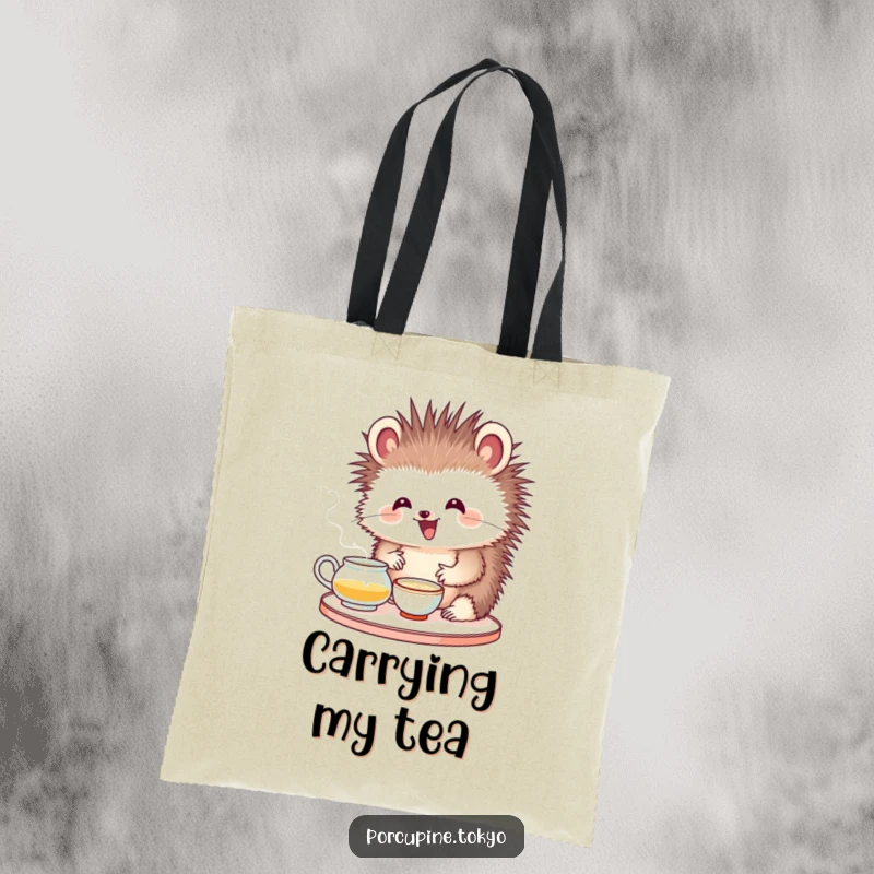Funny tote bag with a porcupine showing delight while attempting a tea ceremony, a humorous and practical accessory.