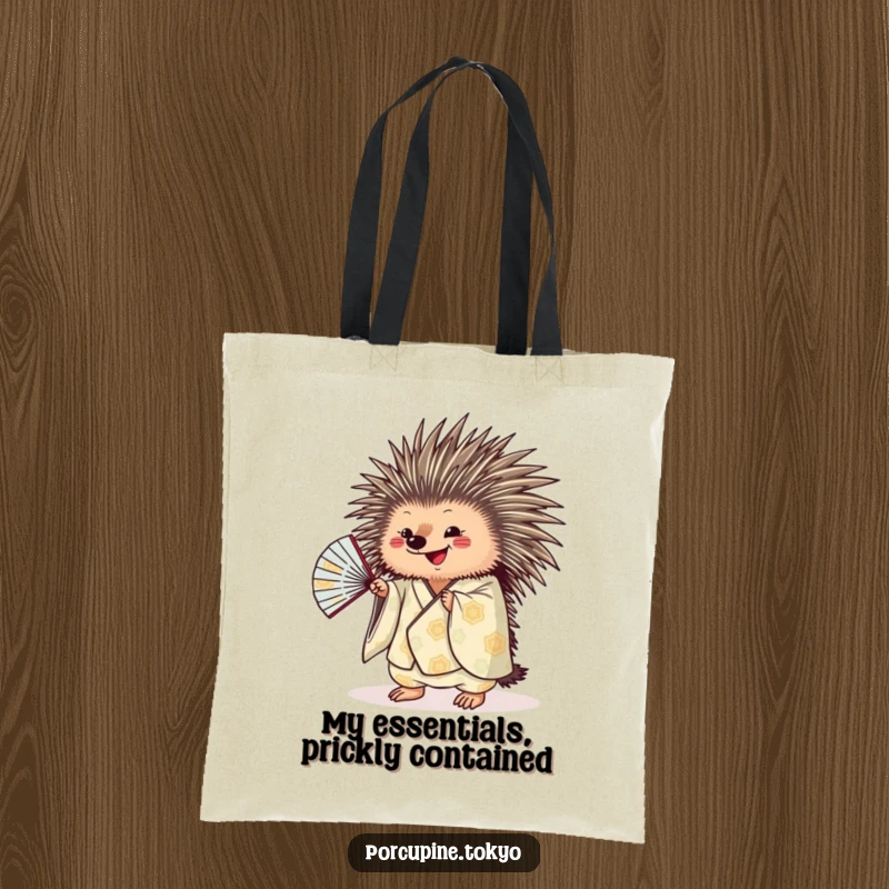 Funny porcupine in a stylish kimono, energetically shaking a fan, a humorous tote bag for daily use.